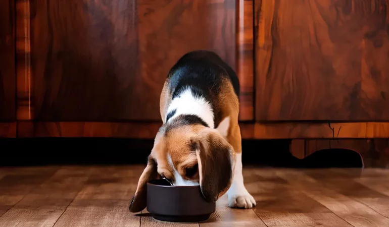Um cachorro tomando caldo de cana.