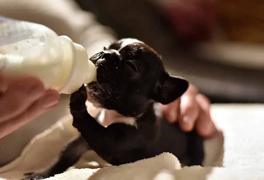 um cachorro filhote tomando leite de mamadeira.