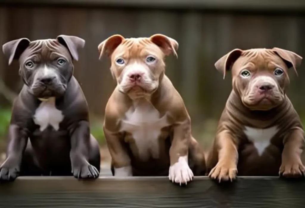 três cachorros filhotes da raça Pitbull.