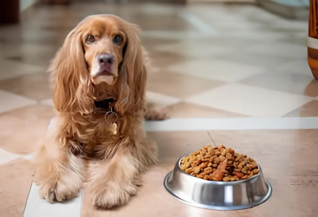 um cachorro deitado ao lado de um pote de ração natual.