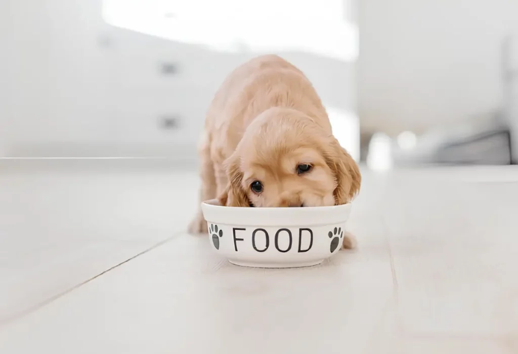 Um cachorro filhote comendo ração.
