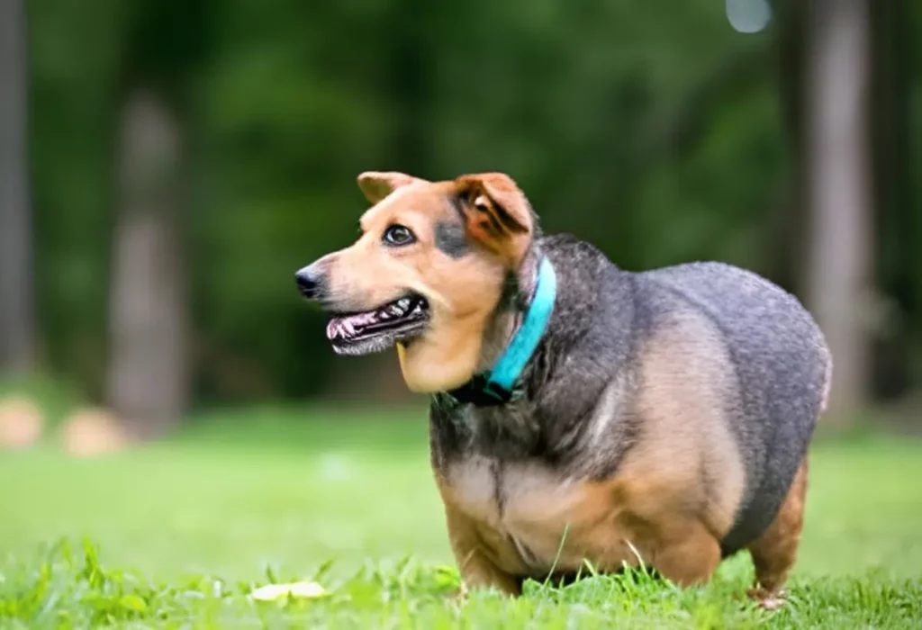 Um cachorro obeso correndo em um gramado.