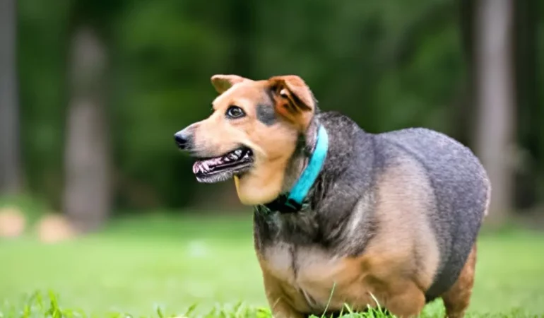 Um cachorro obeso correndo em um gramado.