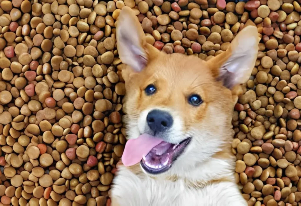 um cachorro com rações naturais atras dele.