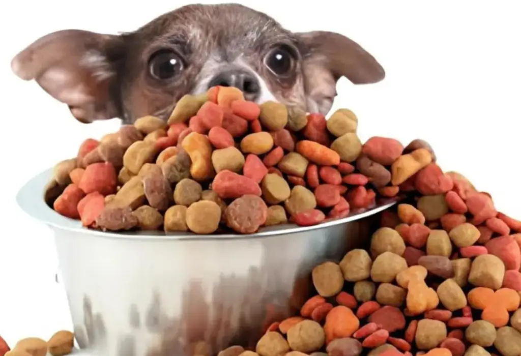 Um cachorro filhote comendo ração.