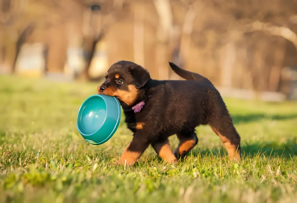 Um cachorro filhote com uma tigela de ração na boca.