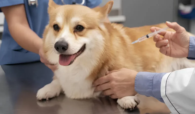 Um cachorro tomando vacina em um consultório veterinário.