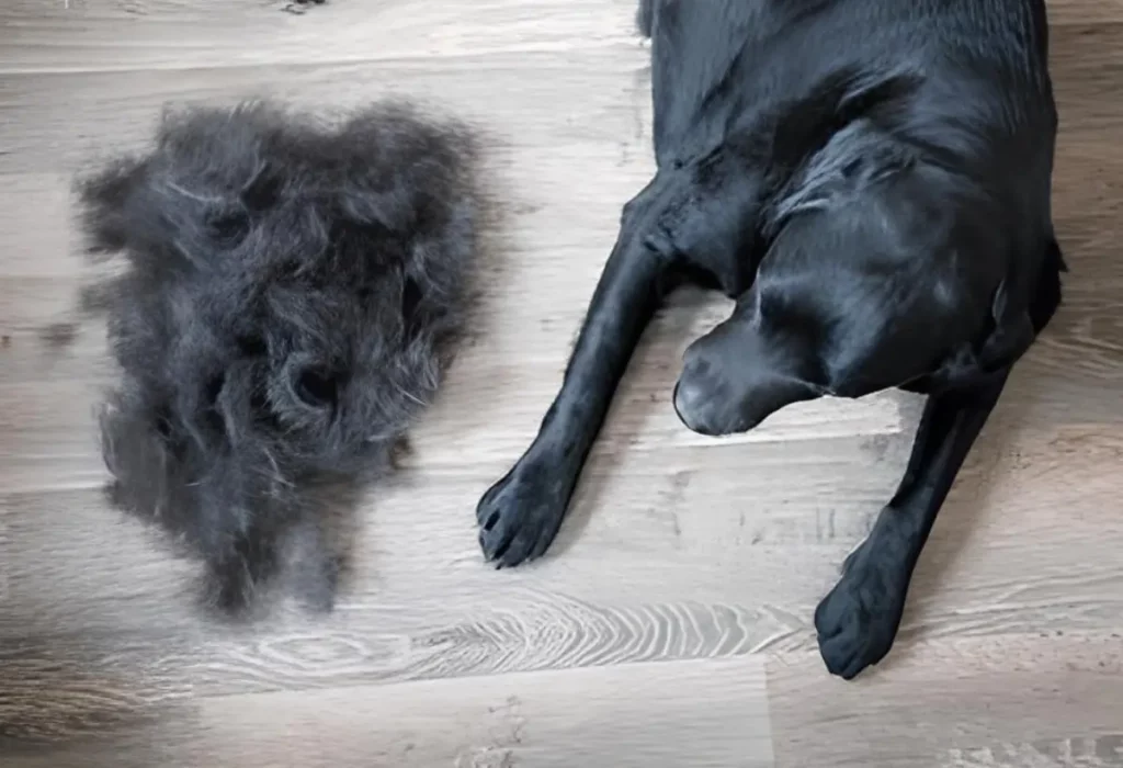 Um cachorro com queda excessiva de pelo.