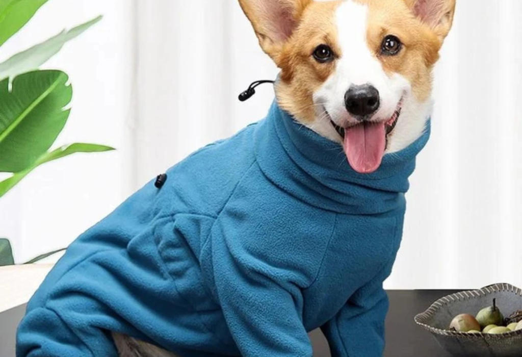 um cachorro com macacãozinho .