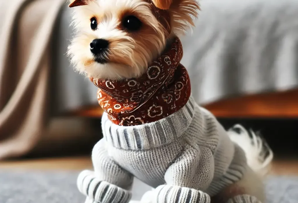 um cachorro com um poliéster feito a mão.