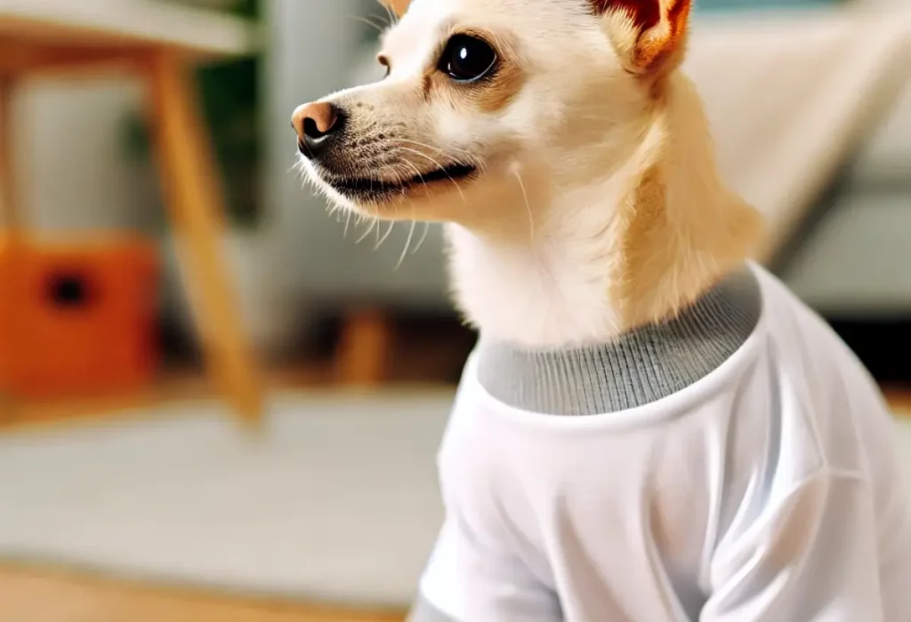 um cachorro usando uma camiseta simples.