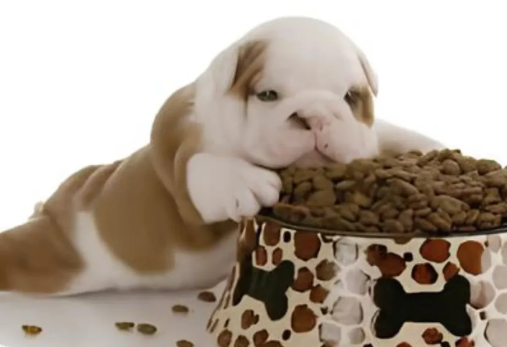 um cachorro filhote deitado em cima de uma tigela de ração.