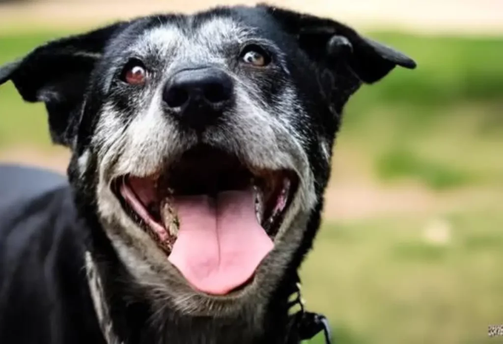 Um cachorro idoso sem dentes.