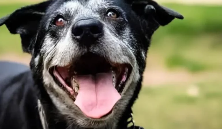 Um cachorro idoso sem dentes.