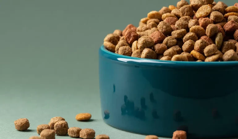 Uma tigela com ração com alto teor de proteína.