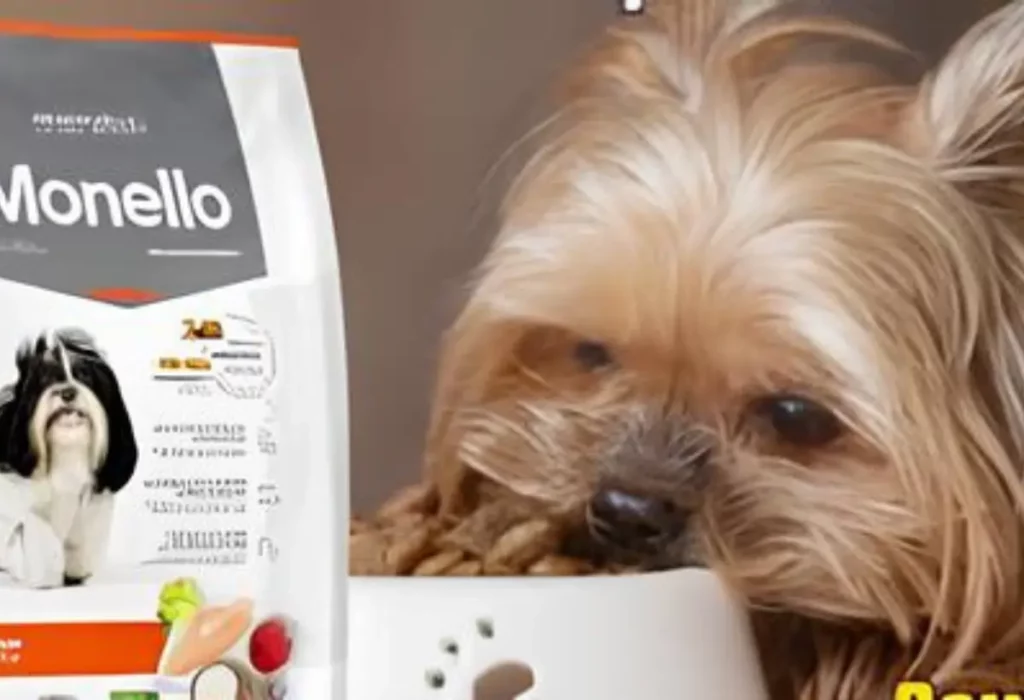 Um cachorro filhote come um pacote de ração monello.