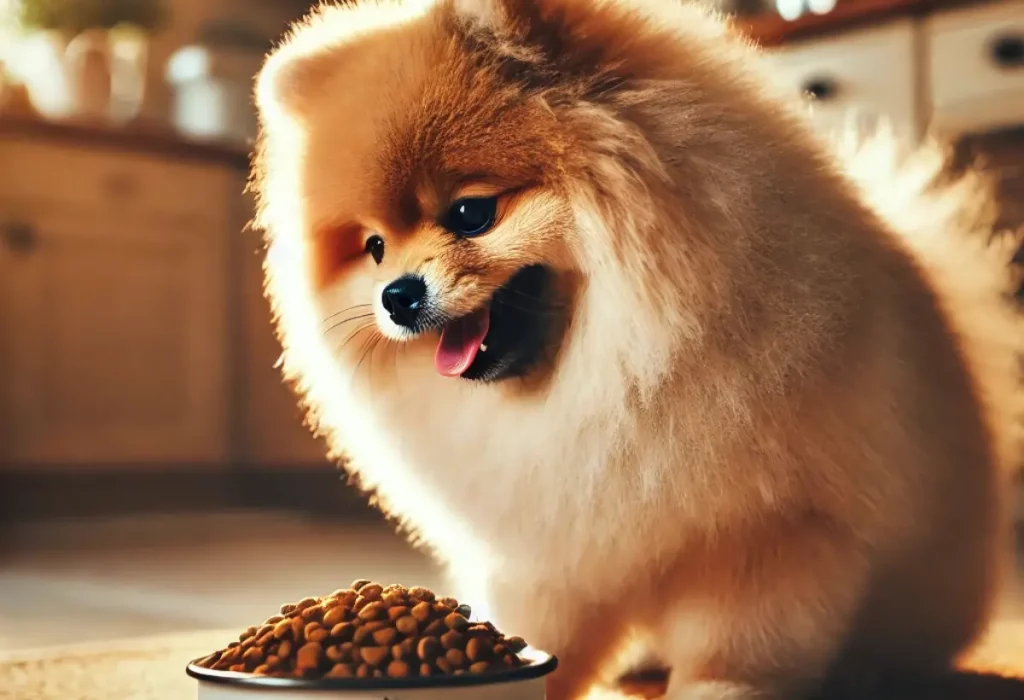 Um cachorro da raça Lulu da pomerania comendo ração da marca nutrillus.