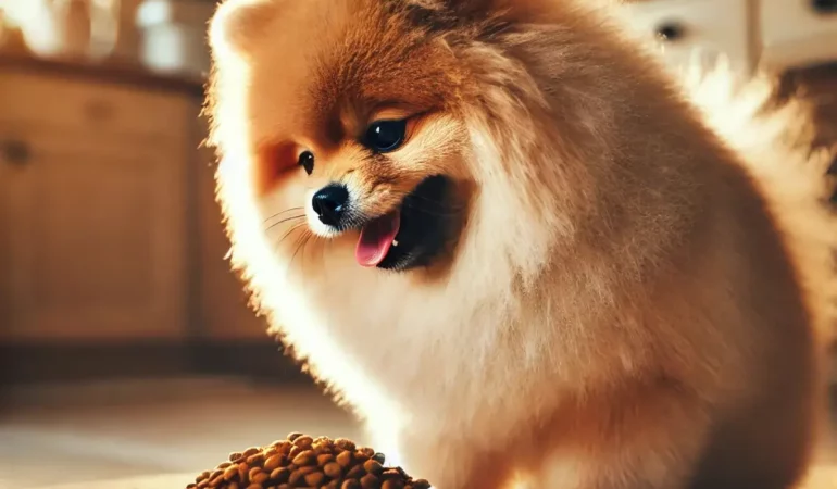 Um cachorro da raça Lulu da pomerania comendo ração da marca nutrillus.