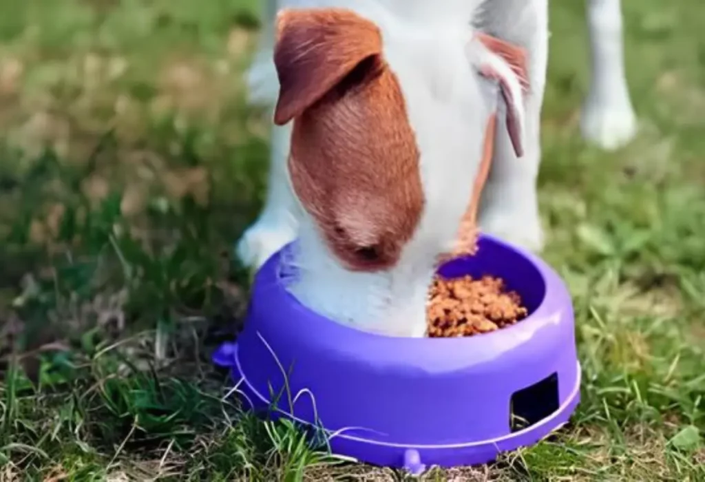 um cachorro comendo ração própria para cãs com colesterol alto.