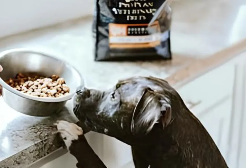 Um cachorro olhando para uma tigela de ração em uma bancada.