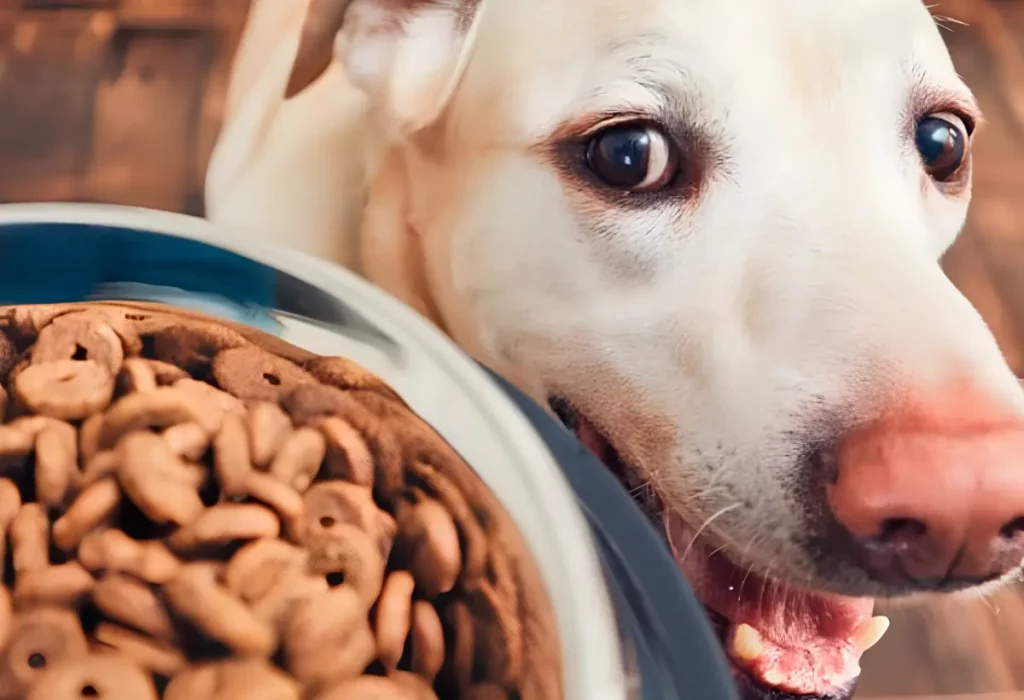 um cachorro com uma tigela de ração premier.