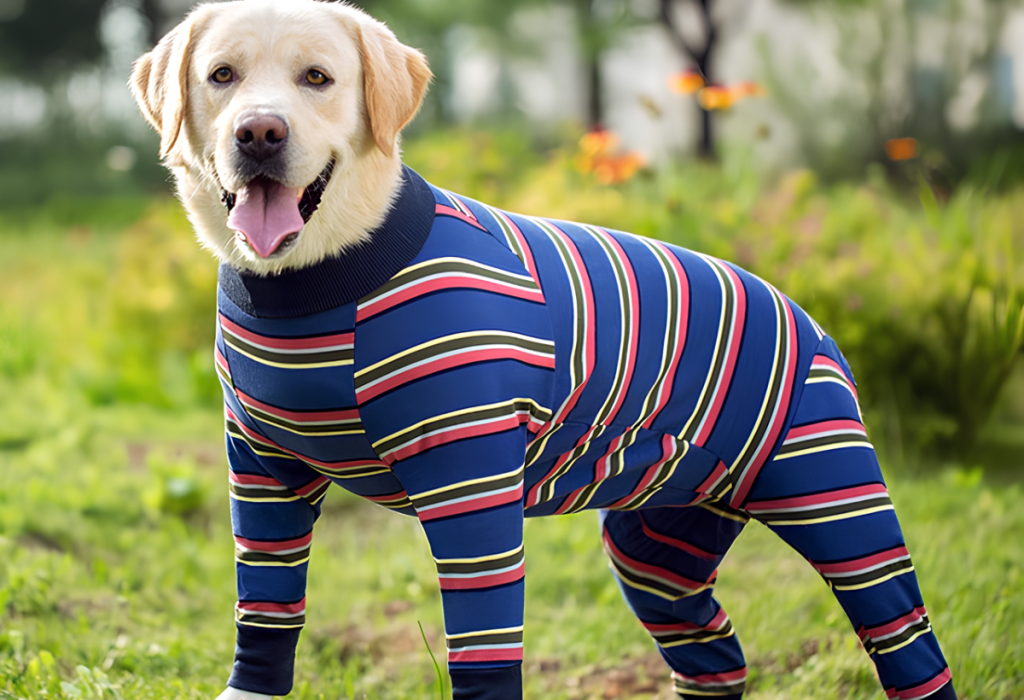 Um cachorro com uma roupa tamanho grande.