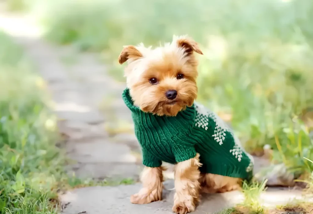 Um cachorro sentado usando roupas de frio.