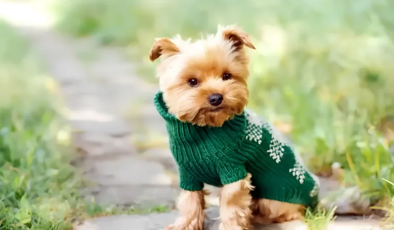 Um cachorro sentado usando roupa para cachorro de frio.