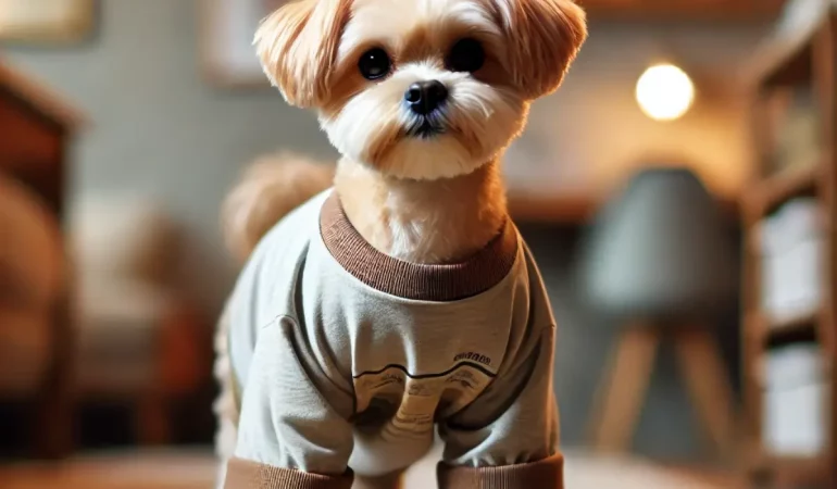 Um cachorro usando roupinha feita com camiseta.