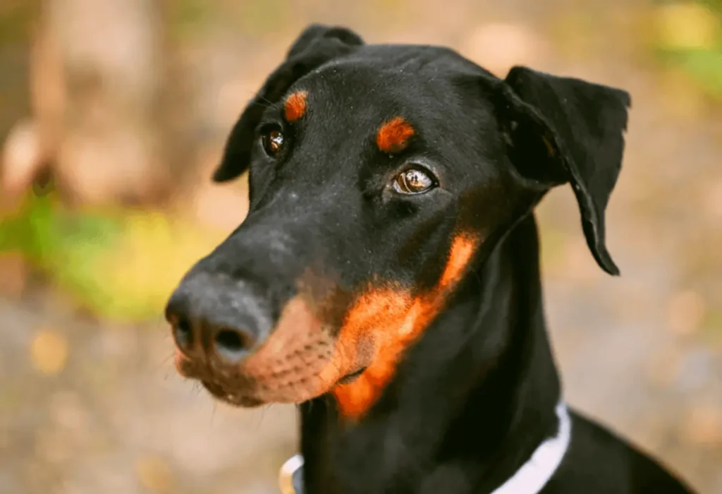 Um cachorro da raça Doberman.
