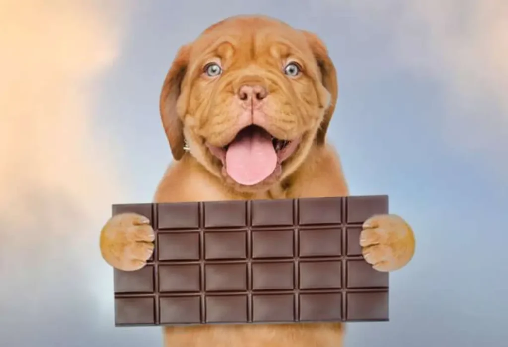 um cachorro com uma barra de chocolate em sua frente.