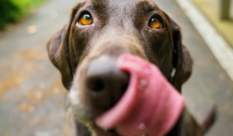 Um cachorro querendo comer mandioca.