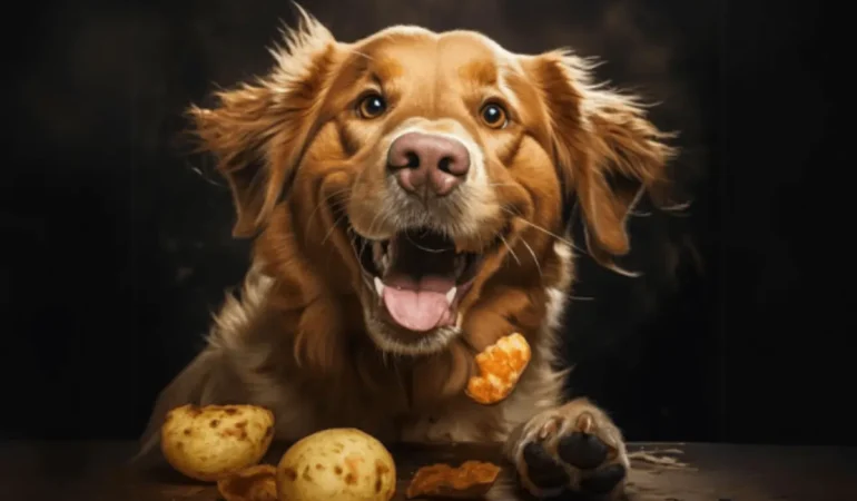 Um cachorro com batatas em sua frente.