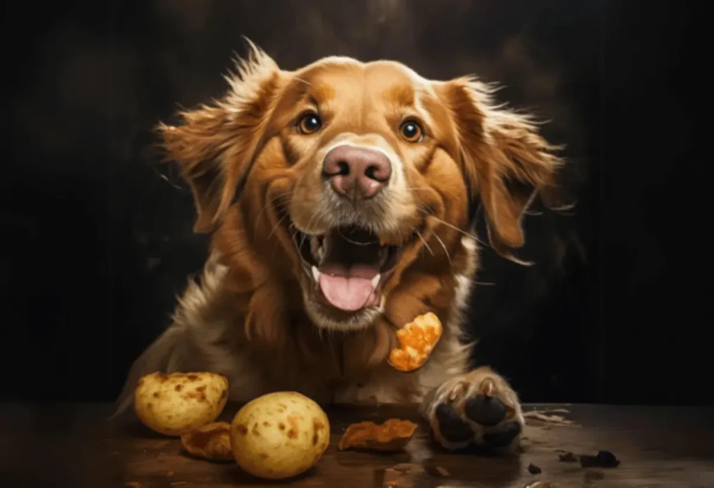 um cachorro com batatas a sua frente
