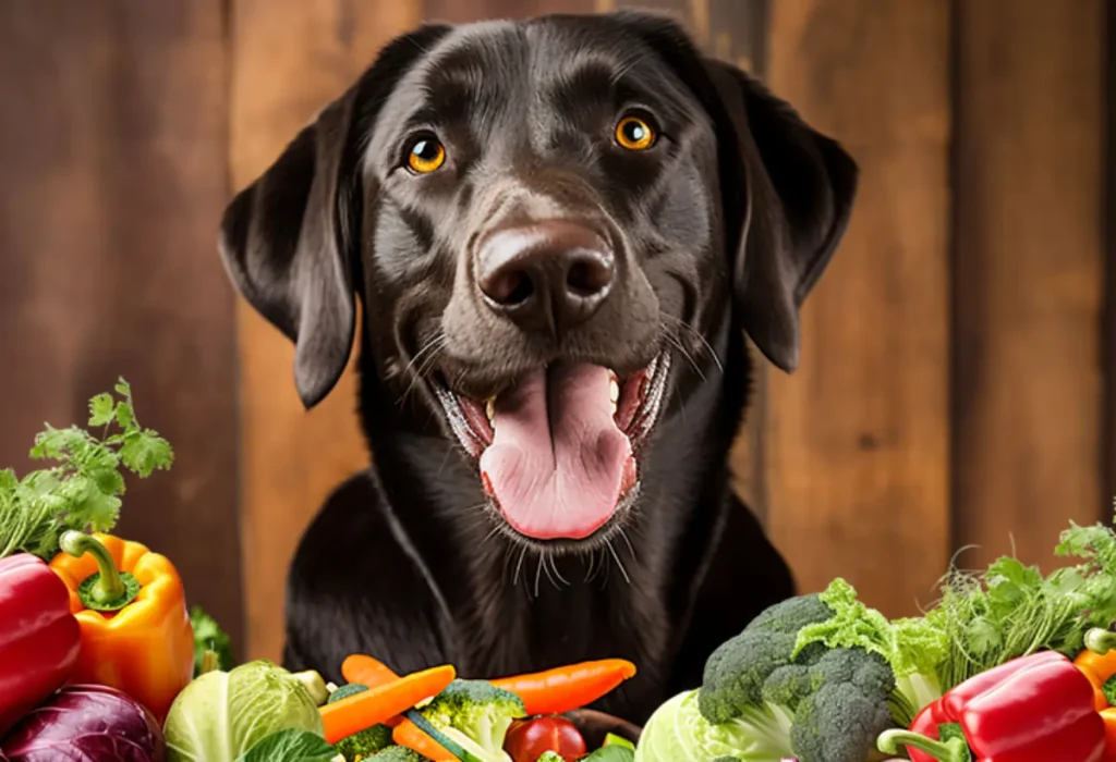 Um cachorro e a sua volta vários legumes.