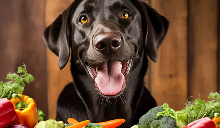 um cachorro e a sua volta vários legumes.