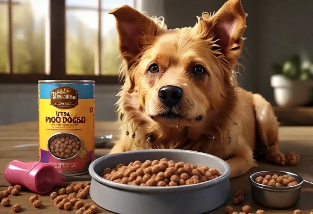 Um cachorro comendo ração com água.