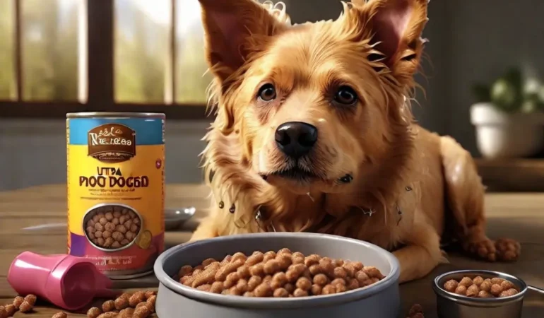 Um cachorro comendo ração com água.