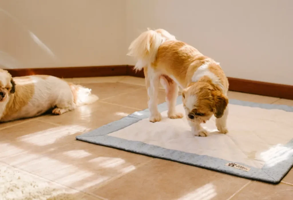 Um cachorro fazendo xixi no tapete higiênico.