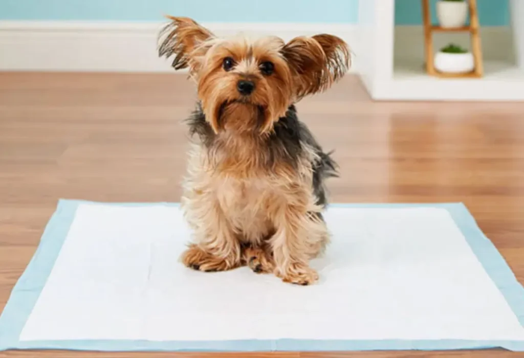 um cachorro filhote em cima de uma tapete higiêncio.
