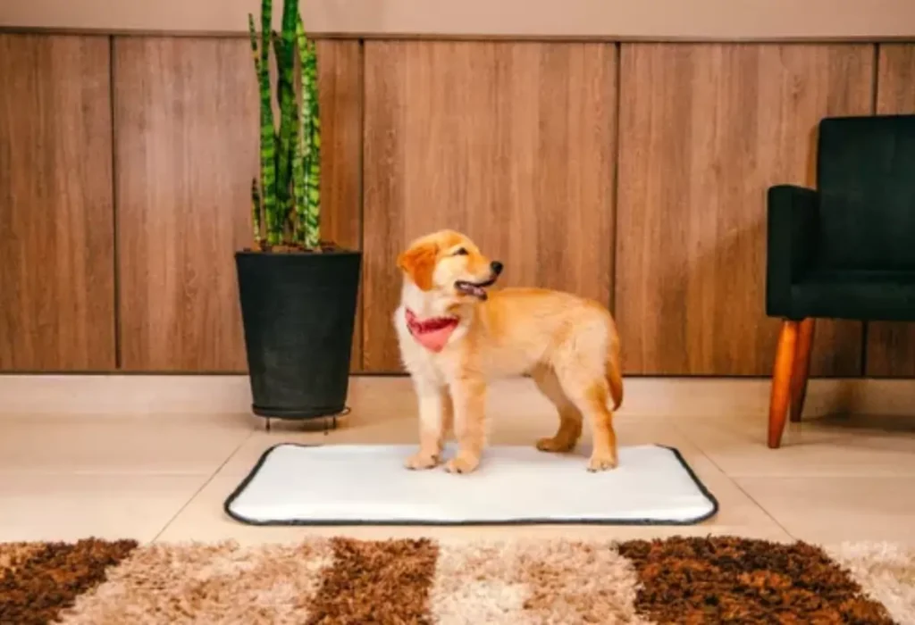 Um cachorro fazendo xixi no tapete higiênico.