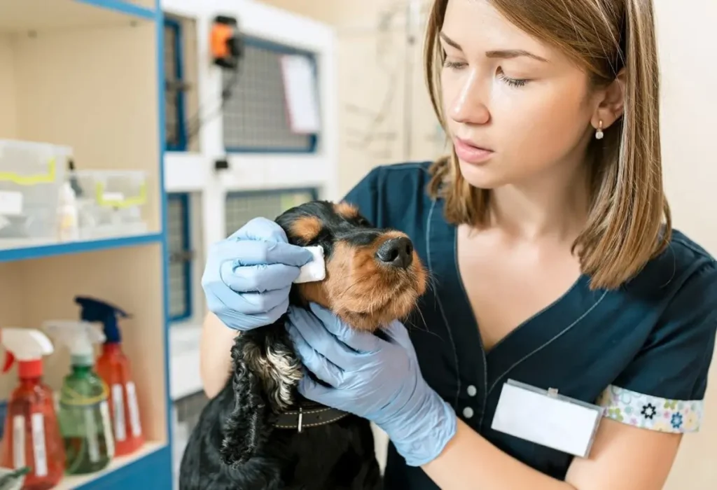 Um cachorro com úlcera de córneas.