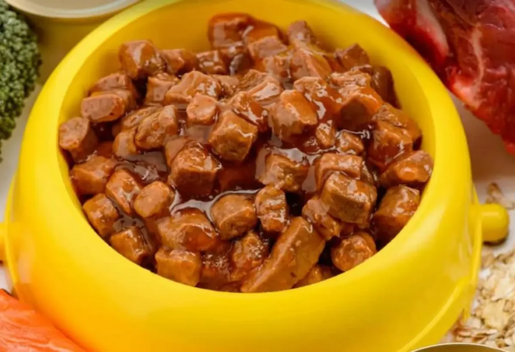 Uma tigela com ração úmida para cachorro.