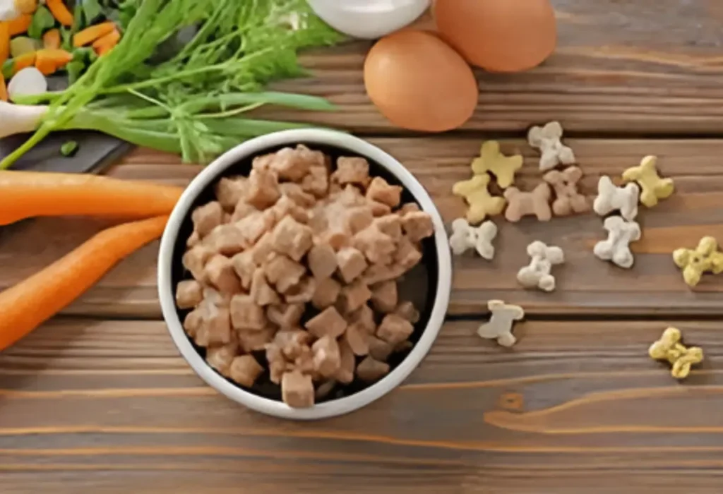 Uma tigela com sache para cachorro.