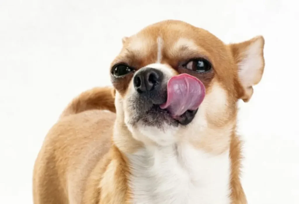 Um cachorro com a língua de fora.