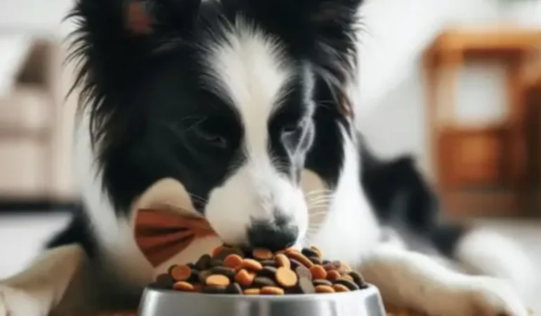Um cachorro comendo ração hipoalergênica.