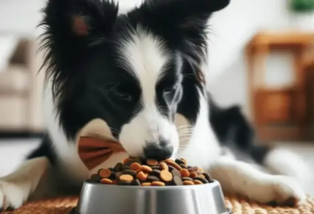 Um cachorro comendo ração hipoalergênica.