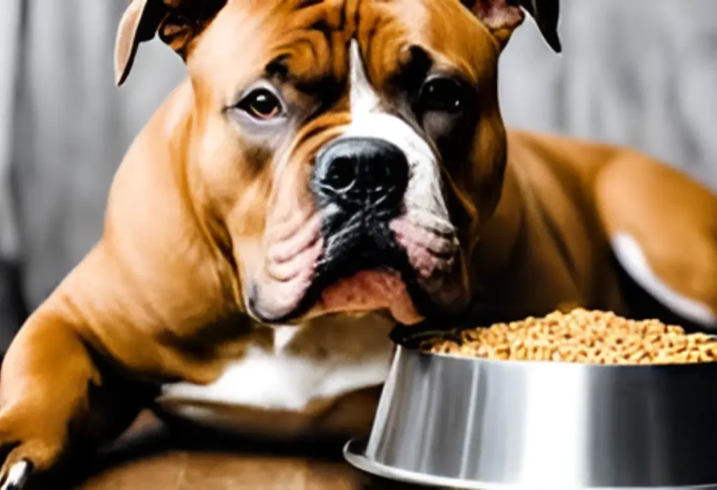 um cachorro deitado e a sua frente uma tigela com rações hipoalergênicas.