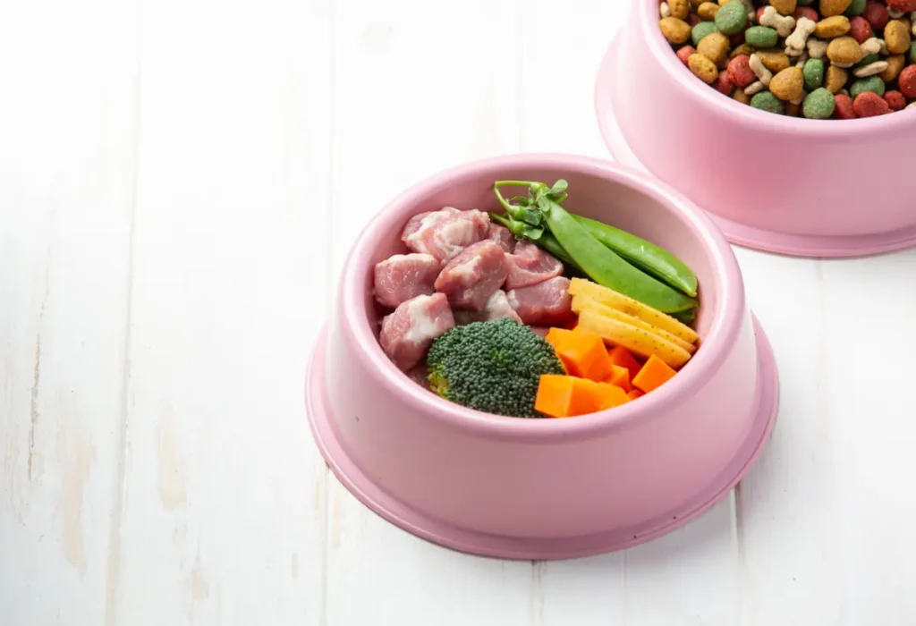 Duas tigelas com comidas naturais e caseiras para cães.