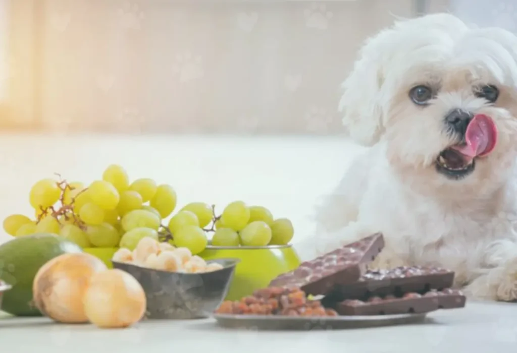 Um cachorro com alimentos tóxicos para cães em uma mesa.